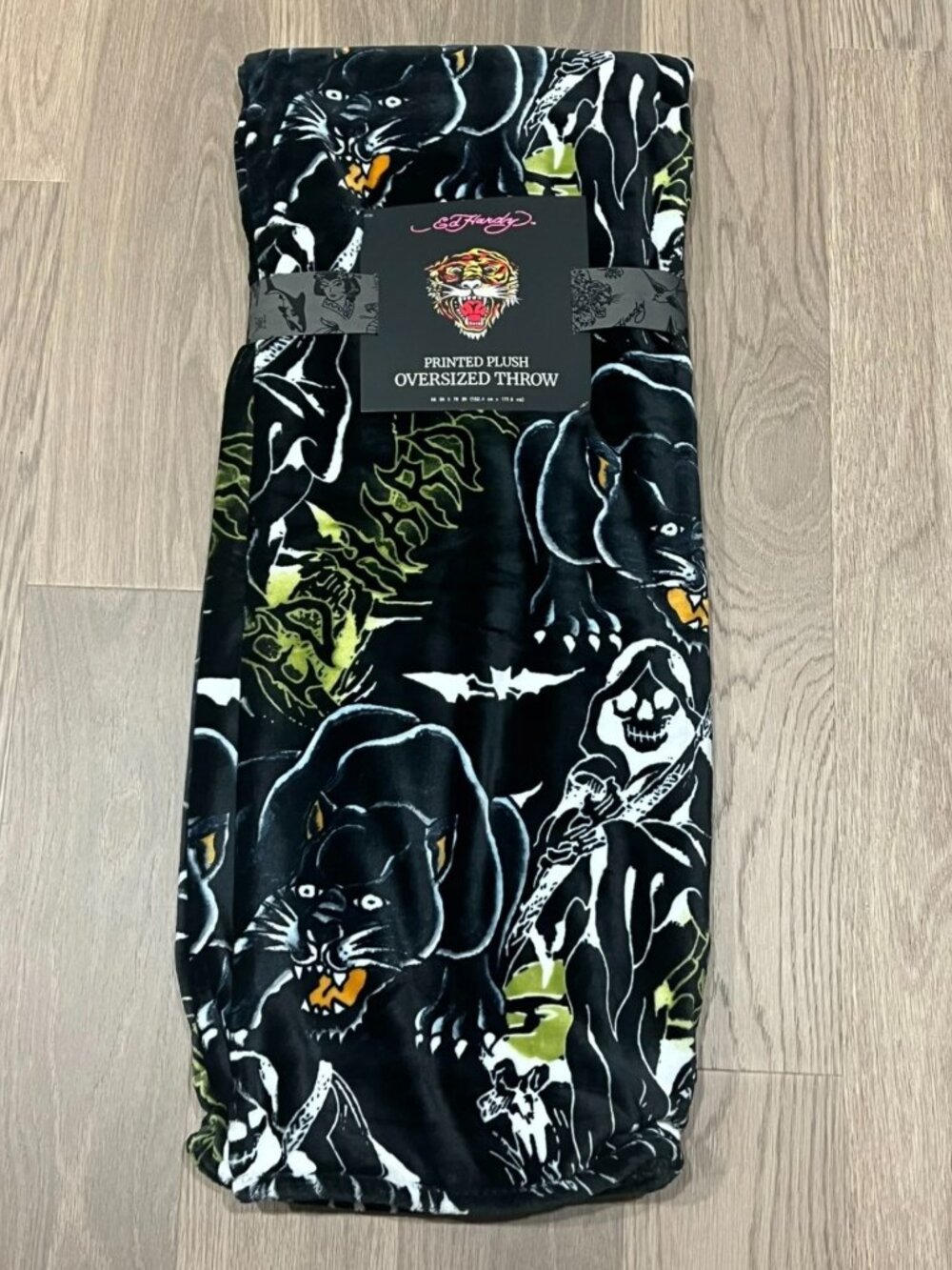 ED HARDY Black Plush Throw Blanket 60x70 Y2K Tattoo Panther Grim Reaper Bats NWT